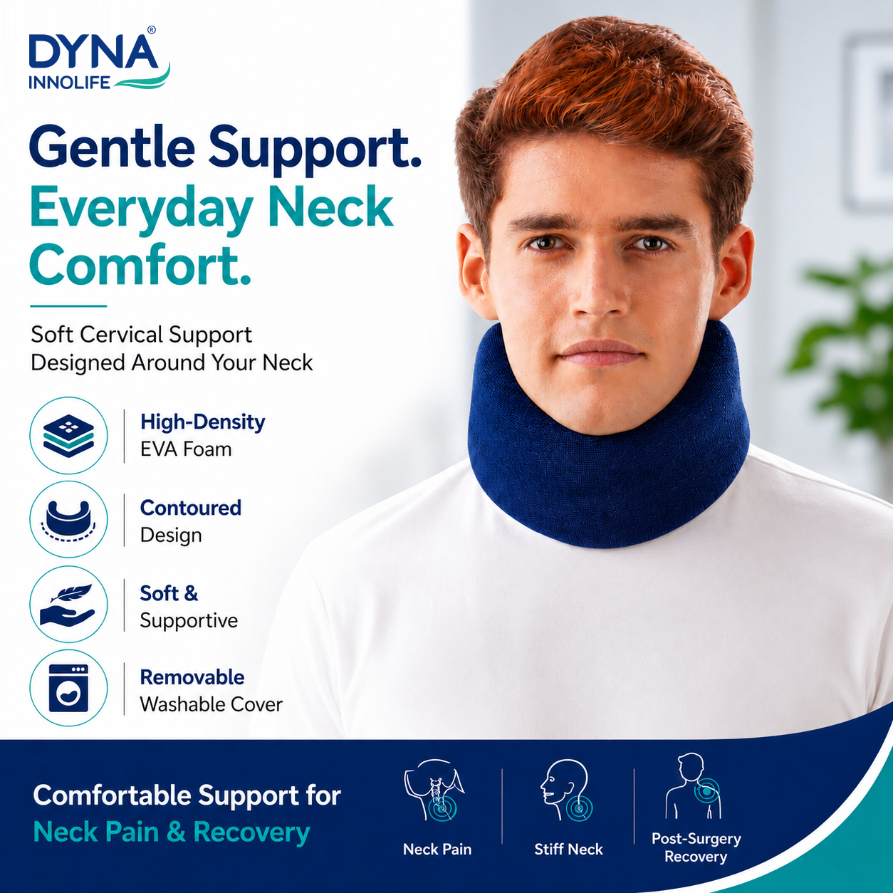 DYNA Innolife Soft Cervical Collar for Neck Support | Removable Washable Cover | Comfortable Cervical Support for Neck Pain & Recovery | NAVY BLUE COLOUR - Image 5