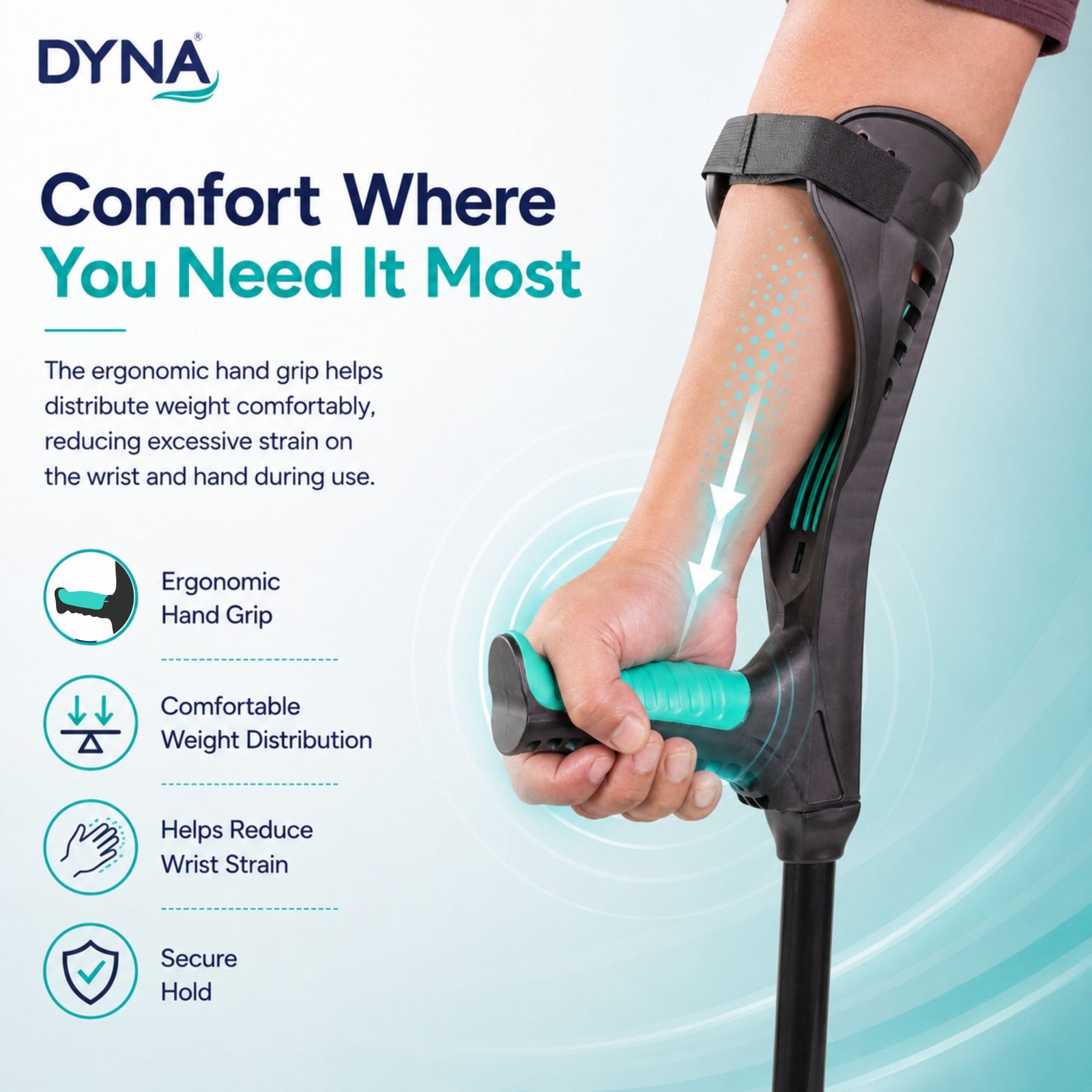 Dyna/Rehaid Elbow Crutch with Strap | Height Adjustable Forearm Crutch for Walking Support | Supportive Forearm Cuff with Strap | Lightweight Walking Aid for Adults and Elderly - Image 2