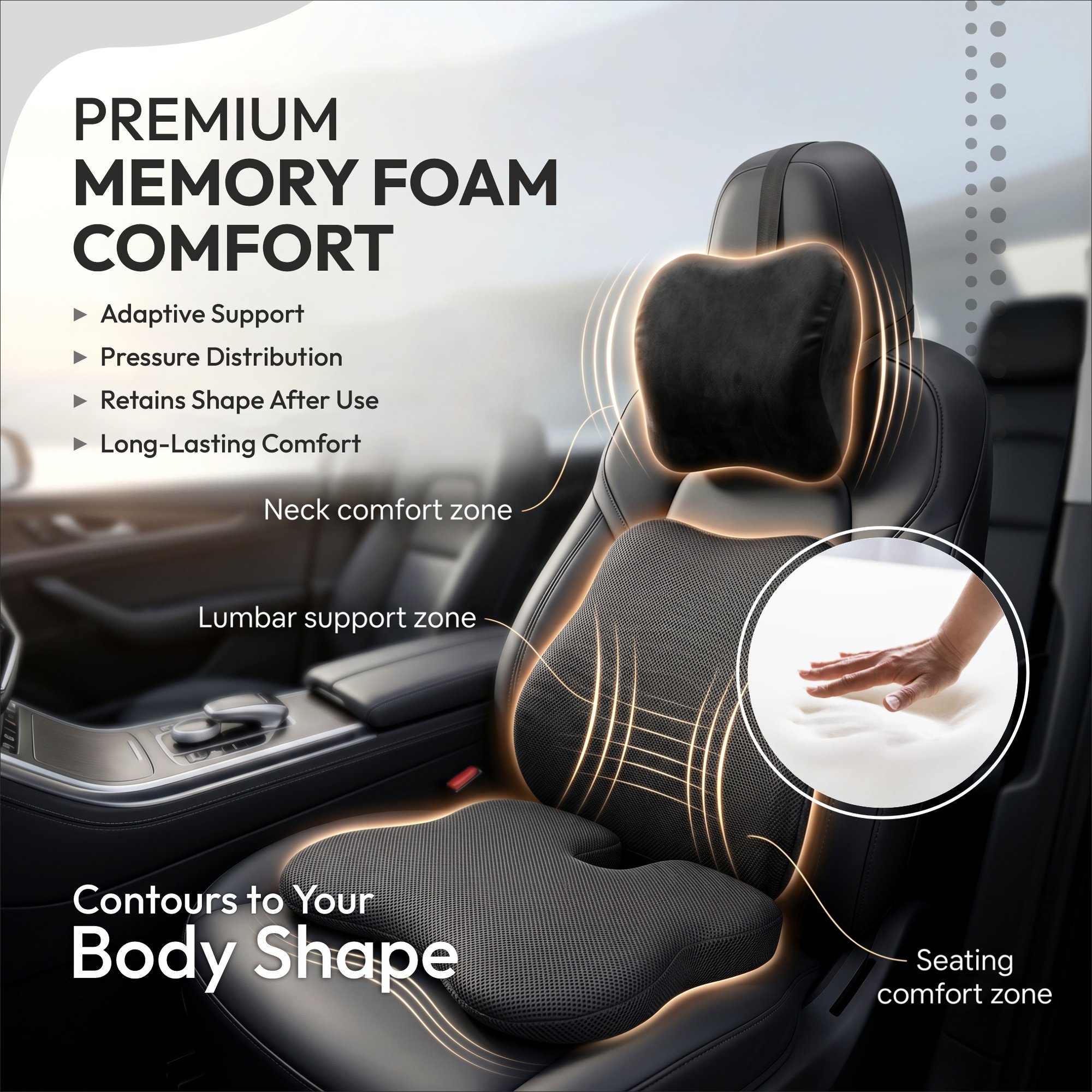 Dyna Memory Foam Car Seat Cushion – Seat, Back and Neck Support - Image 4